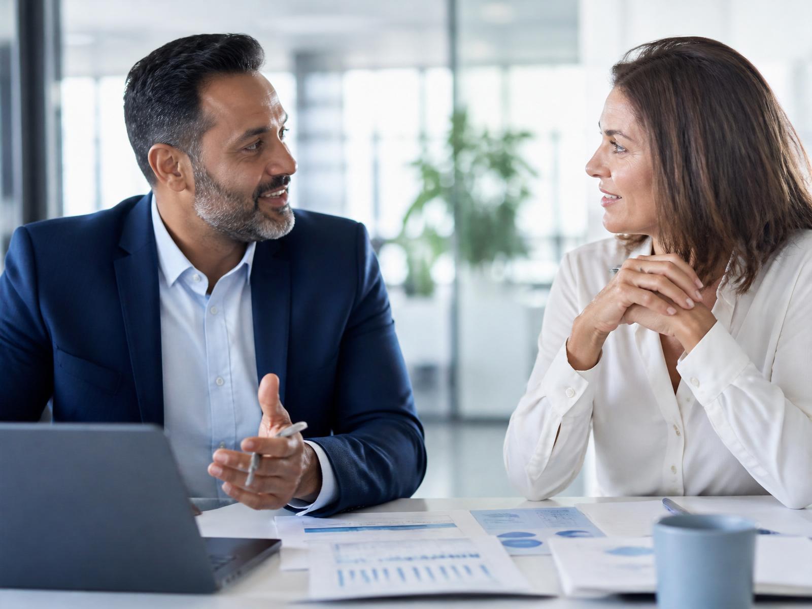 Two business executives collaborating in a modern office